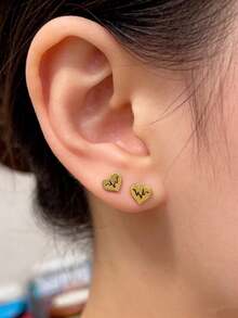 1 Pair Gold Hollow Heart ECG Earrings, Stainless Steel Jewelry, Unisex, Heartbeat Gift For Lover, Mother's Day Surprise For Mom - Gold - View 8