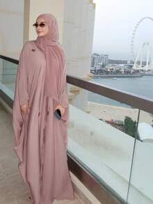 Women's Elegant Islamic Clothing Embroidered Pattern Robe, Loose Fit Long Sleeve Pink Arabic Abaya - Pink - View 2