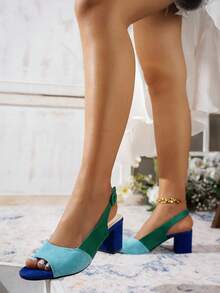 2026 Women's Fashion Comfortable Colorblock Suede Adjustable Buckle Chunky Heel Sandals, Retro Commuter & Beach Style - Blue - View 4