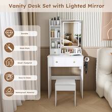 Modern Vanity Desk With LED Mirror, 3 Color Lighting & Adjustable Brightness - 3 Drawers & Storage Shelves, Built-In Power Outlet & Hair Dryer Holder, Makeup Dressing Table Set With Stool For Bedroom - View 2