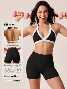 Nouveau ensemble 2 pièces printemps/été TCVC, soutien-gorge de sport sans couture et shorts pour femmes à haute élasticité - Noir - Voir 1