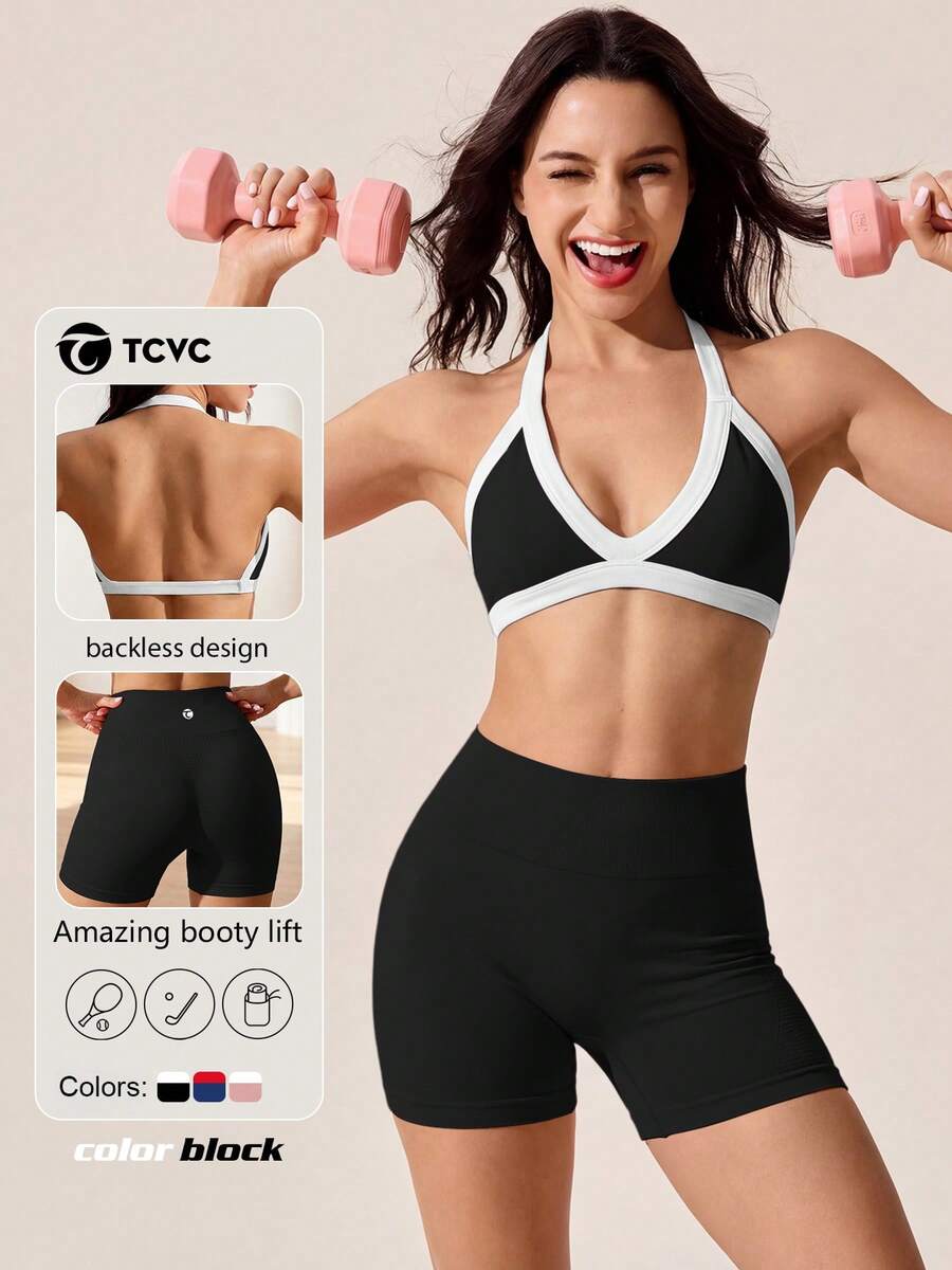 Nouveau ensemble 2 pièces printemps/été TCVC, soutien-gorge de sport sans couture et shorts pour femmes à haute élasticité - Noir - Voir 1