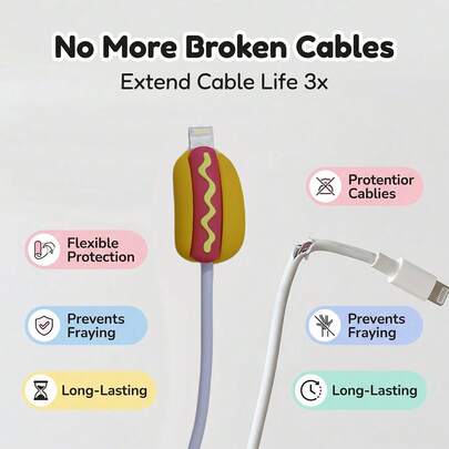 4 pièces Ensemble combiné de frites et saucisses en forme d'aliments, Étui de protection en silicone pour câble de chargement Apple 5W/18W, Housse anti-pliage de dessin animé