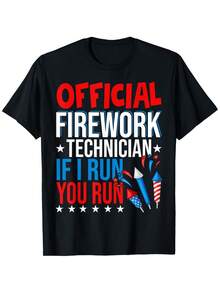 American Independence Day Fireworks Technician Official Commemorative T-Shirt - Patriotic Design, Comfortable Cotton Fabric, Short Sleeves And Round Neck, Suitable For Teenagers - 黑色 - 查看 1