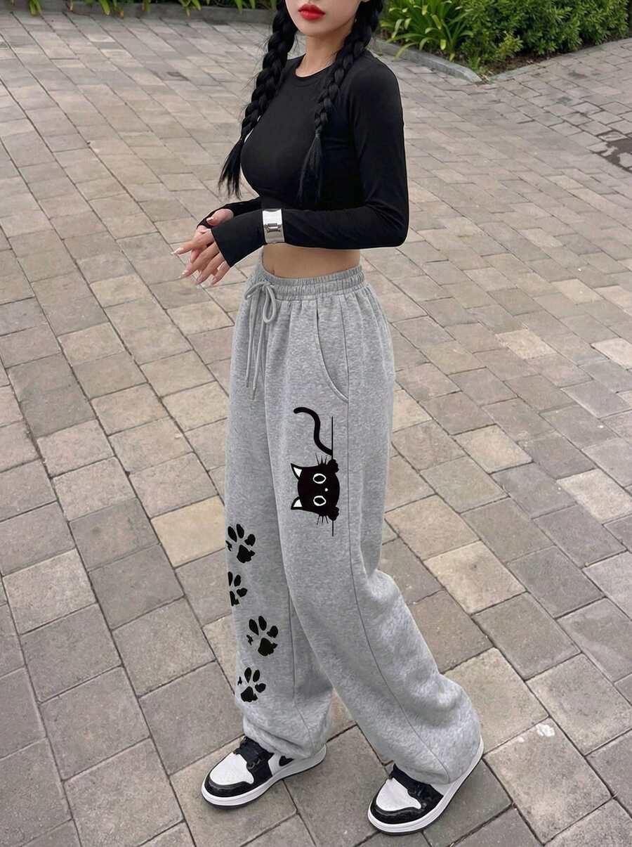 Rikumo 女士灰色舒适保暖内衬运动裤，带爪印图案和抽绳 - 灰色 - 查看 1