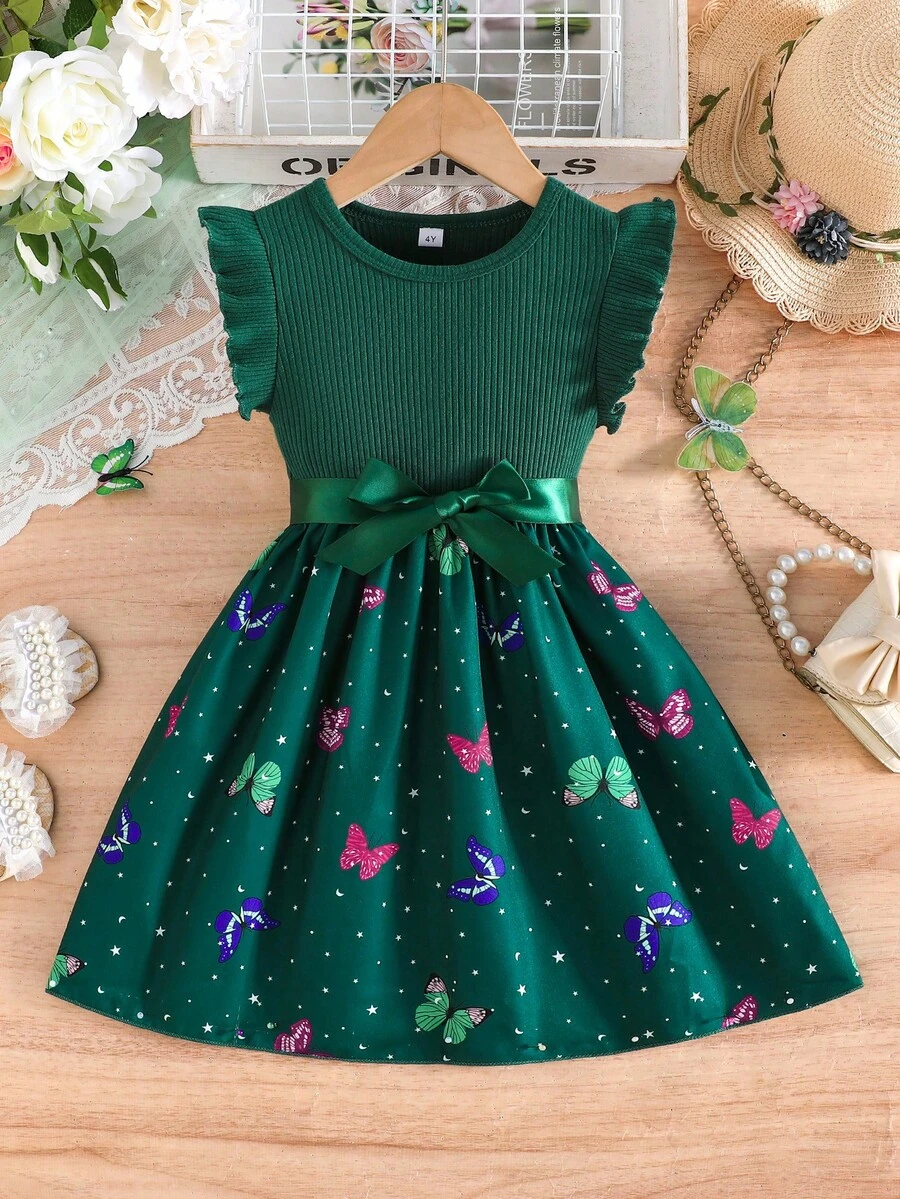 Girls' Elegant Cap Sleeve Ribbed Butterfly Pattern Dress, Summer