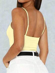 Áo hai dây nữ VIVINA mùa hè màu trơn phối ren cổ tròn ôm sát, kiểu dáng thường ngày. - Vàng nhạt - Xem 4