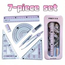 7pcs Pink Stationery Set - Fashionable High-Quality Portable, Clear Markings, Smooth Measurement, Essential For Students. The Set Includes A Triangle Ruler, Protractor, Straight Ruler, Eraser, And Compass, Ideal For Back-To-School, Classroom Learning, Art Design, And Exam Preparation. - Pink - View 14