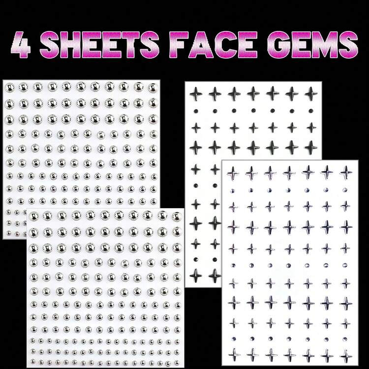 面部宝石装饰，假穿孔，假鼻环，星星宝石贴纸，假眉钉，假唇钉，锐舞配饰，Y2K男女妆容 - 貼紙套裝 - 查看 2