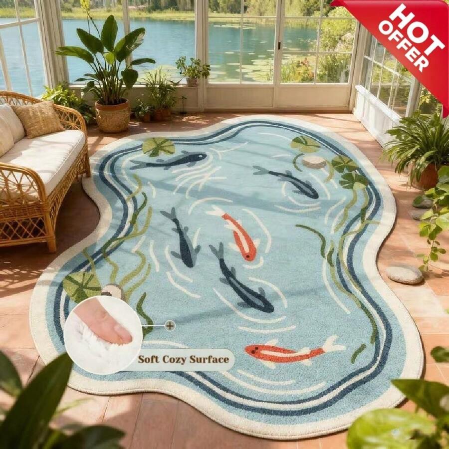 1PC Irregular Koi Pond Print Cashmere Rug, Soft Cozy Surface Non-Slip Floor Mat, Suitable For Living Room, Bedroom, Garden, Patio, Bathroom, Home Decor, Outdoor Rug, Door Mat, Washable Easy Clean Area Rug, Contemporary Floor Covering, Bathroom Accessories, Room Decor Set