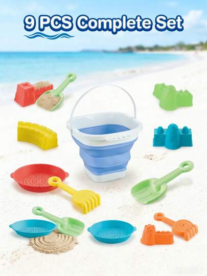 9 delar hopfällbara strandleksaker, inklusive hopfällbar strandhink och spade, med nätpåse och verktyg för sandslottsbyggande. Lämplig för utomhusstrand, simbassäng, föräldra-barn-interaktion.