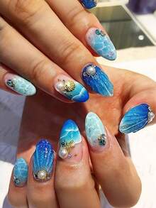 24片中号杏仁形假指甲，蓝色沙滩贝壳图案，时尚百搭，可拆卸全覆盖式设计，适合派对、舞会和日常佩戴。 - 藍色 - 查看 8