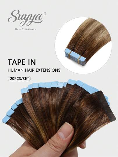 Tóc nối SUYYA không đường nối, keo dán, làm từ 100% tóc thật Remy chất lượng salon, màu nâu Balayage Ombre vàng bạch kim điểm xuyết nâu hạt dẻ, chất lượng cao dành cho nữ.