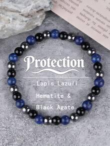 YAUKIA 男士天然石手链，6毫米青金石、赤铁矿和黑玛瑙，弹力材质，寓意守护、勇气，适合日常佩戴 - 彩色 - 查看 1