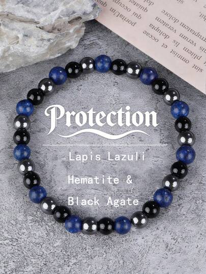 YAUKIA 1 st herrarmband med natursten, 6 mm lapis lazuli & hematit & svart agat, stretchsmycken, skydd, mod, perfekt för vardagsbruk