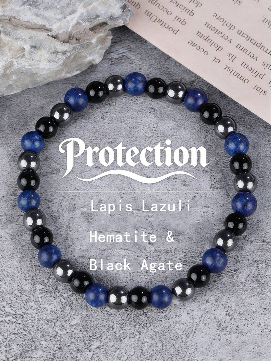 YAUKIA 男士天然石手链，6毫米青金石、赤铁矿和黑玛瑙，弹力材质，寓意守护、勇气，适合日常佩戴 - 彩色 - 查看 1