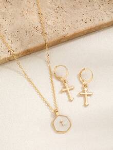 Bộ 1 dây chuyền và bông tai hình thánh giá thanh lịch, phụ kiện tối giản phong cách retro sang trọng, thích hợp cho các buổi hẹn hò, trang phục và quà tặng ngày lễ. - Nhiều màu - Xem 1