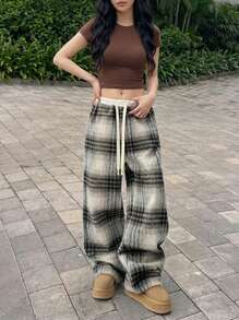 Rikumo Pantalones anchos de poliéster con cordón y estampado a cuadros para mujer - Caqui - Ver 1