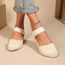 Woven Closed Toe, Velvet Single Elastic Band, Lightweight Hemp Rope Wedge Shoes For Women - Beige - View 9