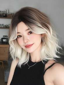 1顶女士短款波浪渐变白色假发，12英寸短款波波头卷发中分假发，深色发根，天然合成耐热纤维，适合日常或上学佩戴，是节日、音乐节、庆典、樱花节、毕业礼物和送给朋友的完美之选。 - 棕色 - 查看 2