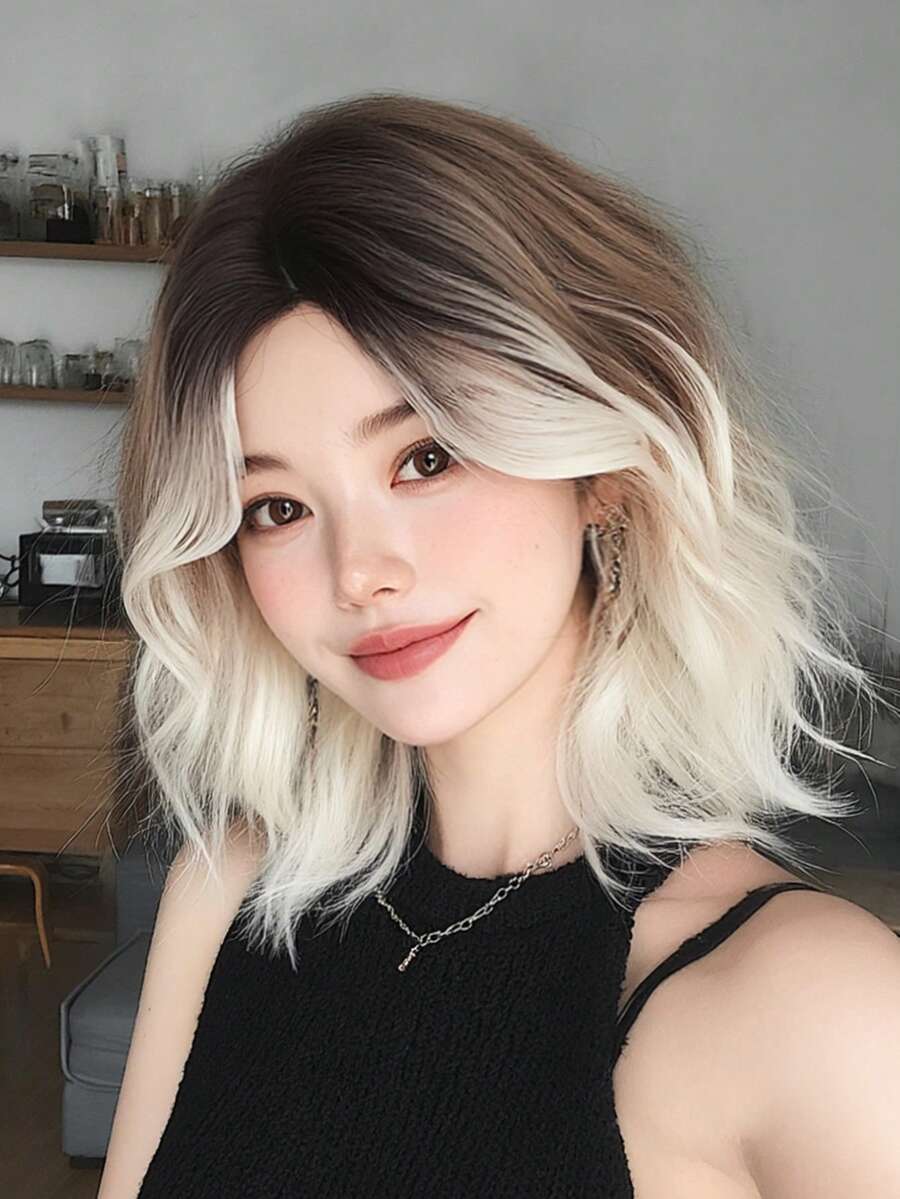 1顶女士短款波浪渐变白色假发，12英寸短款波波头卷发中分假发，深色发根，天然合成耐热纤维，适合日常或上学佩戴，是节日、音乐节、庆典、樱花节、毕业礼物和送给朋友的完美之选。