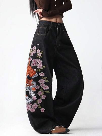 1 Stück koreanischer Stil personalisierte Frauen Loose Wide Leg Jeans mit mehrfarbiger Tiger Stickerei, bequeme Casual Passform Jeans für alle Jahreszeiten (Gürtel/Zubehör nicht enthalten) Schwarz