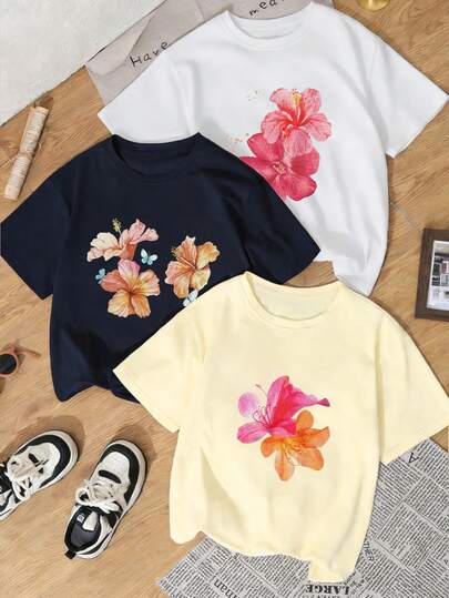 3件套夏季新款休闲碎花圆领短袖T恤，时尚百搭女式上衣