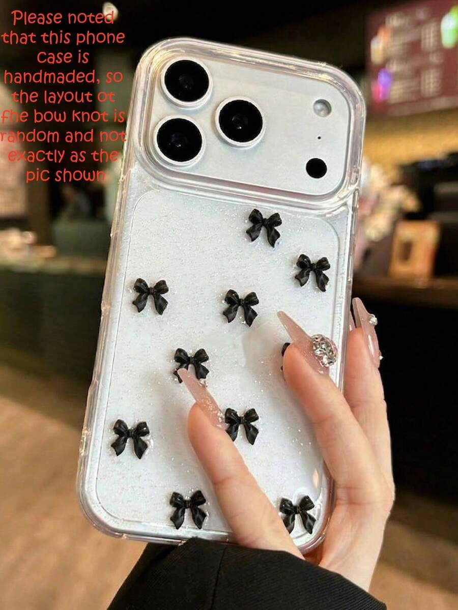 闪亮可爱3D花朵蝴蝶结手机壳,适用于 17 AIR 16 15 14 13 12 11 Pro Max Mini X XR XS Max 7 8 Plus SE,日韩少女风,心形珍珠树脂透明外壳 - 黑色 - 查看 1
