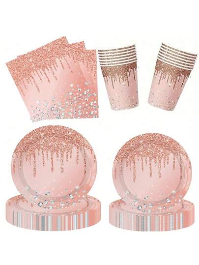 1/20/50 pièces Set de vaisselle jetable couleur or rose - Assiettes, serviettes, gobelets pour décoration de fête d'anniversaire, fournitures de fête d'anniversaire or rose, assiettes en papier jetables, serviettes et gobelets pailletés et diamantés, convient pour les fêtes d'anniversaire, anniversaires, décorations de mariage pour dames