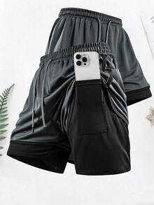 1 chiếc quần short thể thao nam 2 trong 1 mùa hè, chất liệu vải lưới, quần short chạy bộ, thích hợp cho tập luyện tại phòng gym và chạy bộ ngoài trời. - Màu xám đen - Xem 10