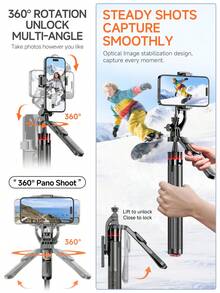 TOKQI F06 自动折叠自拍杆三脚架，无线蓝牙遥控，高度可调，360°多角度拍摄，加厚铝合金杆身，适用于旅行、直播、视频拍摄 - 查看 3