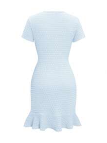 Unadoll 女士春季圆领短袖连衣裙，配有假口袋和装饰纽扣，优雅时尚，适合派对、约会、通勤、生日、情人节等夏季场合。 - 淺藍色 - 查看 4