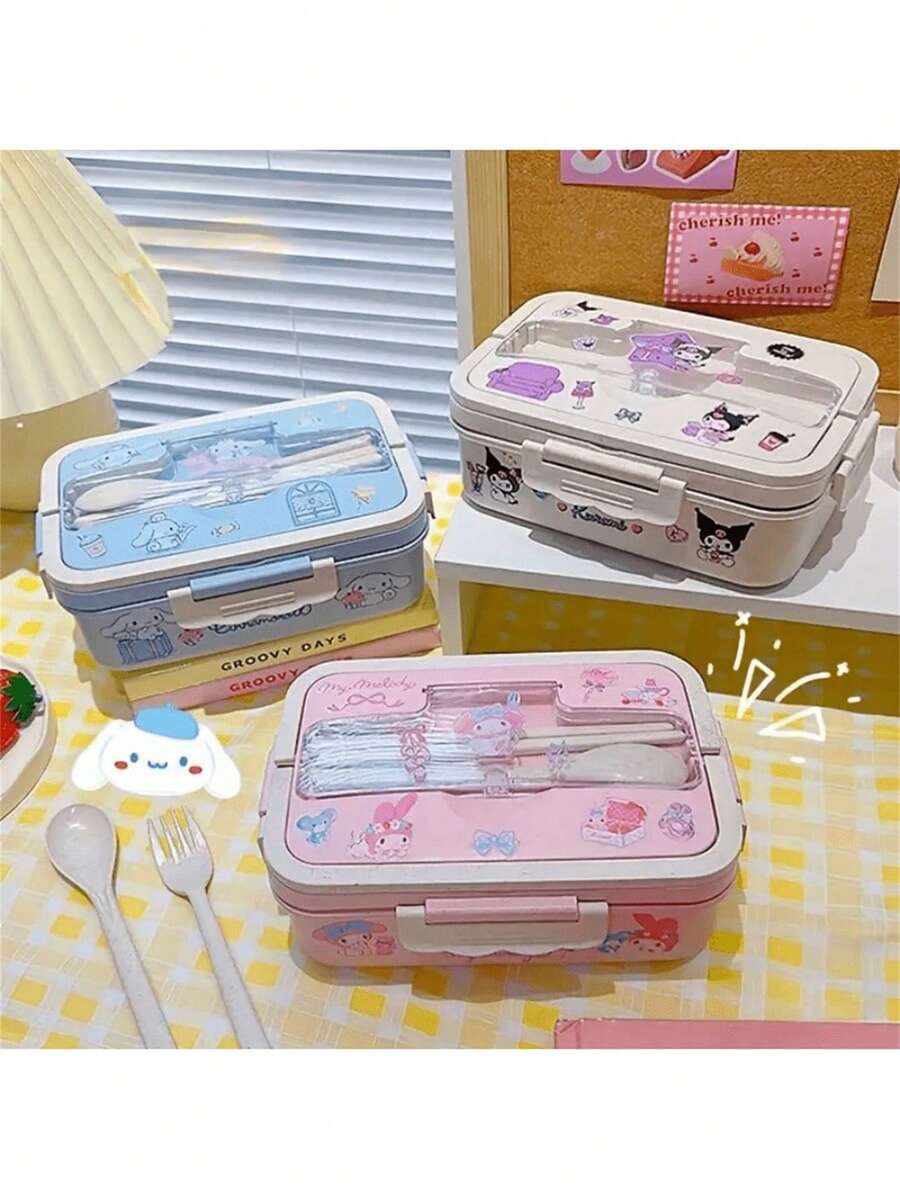 SANRIO 1个正版授权的Melody卡通大容量午餐盒套装，附赠DIY贴纸，可爱可微波炉加热的便当盒 - 可爱的餐食准备容器 - 彩色 - 查看 1