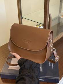 时尚羊毛翻盖方形女士手提包，经典纯色绗缝斜挎包，带口红袋，复古新款PU皮革化妆单肩包，方形钱包，带可调节宽肩带，适合外出使用。 - 棕色 - 查看 10