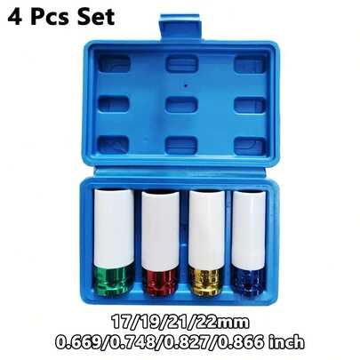 Set 4/3 buc. chei tubulare pentru piulițe de acționare, chei tubulare de impact cu protecție pentru roată motoare de 1/2", set chei tubulare de impact cu perete subțire, oțel crom-molibden, 6 vârfuri, metric, codificat prin culori, 17 mm, 19 mm, 21 mm, 22 mm