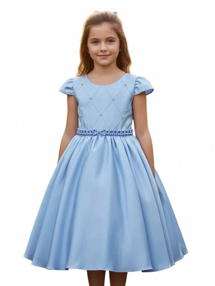 Short Wedding Party Dress For Girls With Pearl Belt - 淺藍色 - 查看 1