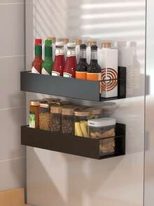 1/2pcs Black Metal Magnetic Storage Rack, Floating Magnetic Hanging Shelf, Organizer Rack, Suitable For Kitchen, Bathroom, Refrigerator, Microwave, Washing Machine Side, No Drilling Multi-Purpose Shelf, Practical Rack - Multicolor - View 2