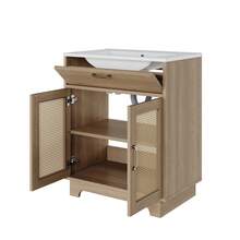 Freestanding Vanity Unit Measuring 76 X 46 X 88 Cm, Moisture-Resistant, With Lift-Up Drawers And Soft-Close Doors, Tall Legs With Rattan Details, Ceramic Basin, Natural Finish - Wood Color - View 12
