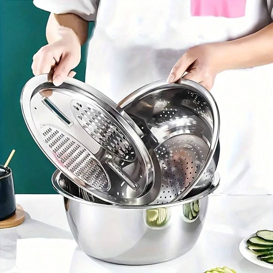 3-In-1 Stainless Steel Multi-Function Grater Bowl Set, Thick Vegetable Slicer Colander Mixing Bowl, Space-Saving Kitchen Tool For Salad, Vegetable Prep, Washing And Draining - S - View 1