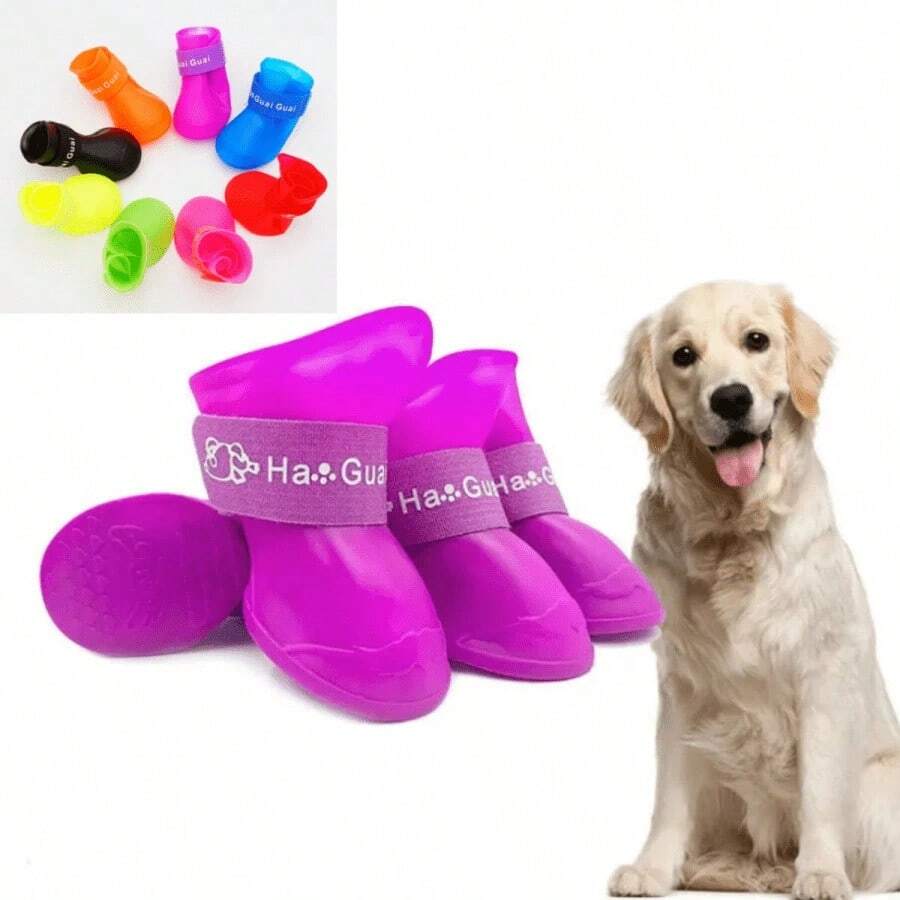 4pcs/Set Small Pet Dog Rain Shoes Anti Slip Waterproof Puppy Shoe Rubber Boots Outdoor Footwear Socks Pet Accessories - Đỏ-m - Xem 1