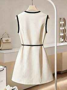 Elegante chaqueta sin mangas, con diseño de estampado de pata de gallo otoñal, con cinturón y botones delanteros, adecuada para fiestas, vacaciones, salidas casuales y vacaciones - Albaricoque - Ver 2