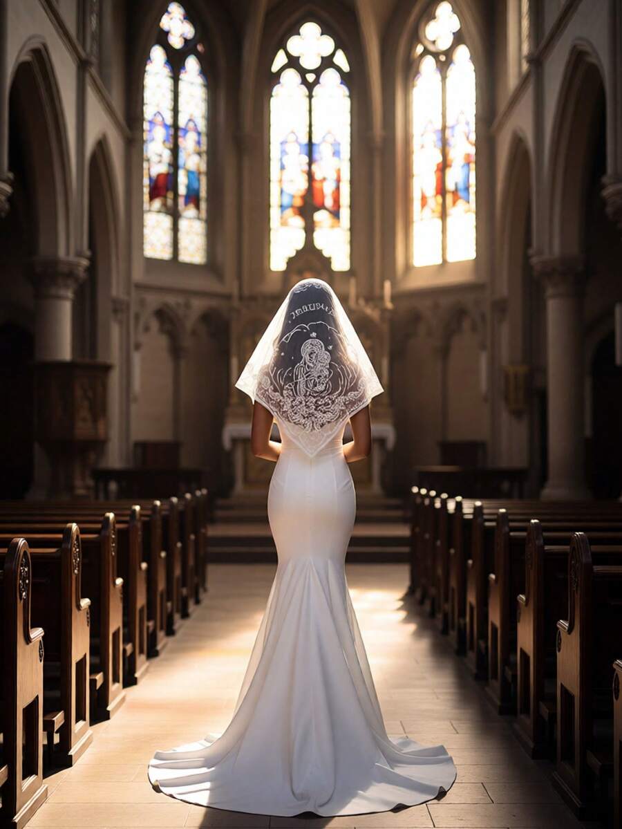 1件装女士新款教堂祈祷白色面纱，圣母玛利亚三角头巾，刺绣头巾，女士头套 - 彩色 - 查看 1