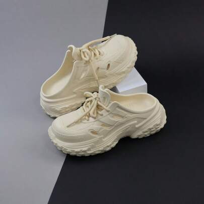 Men's Hollow Breathable Sandals, Fashion Durable Slides, New Summer Sports Shoes With Lace Decoration, Non-Slip Outdoor Slippers, Soft Sole Elevated Beach Shoes, Casual Closed Toe Mules