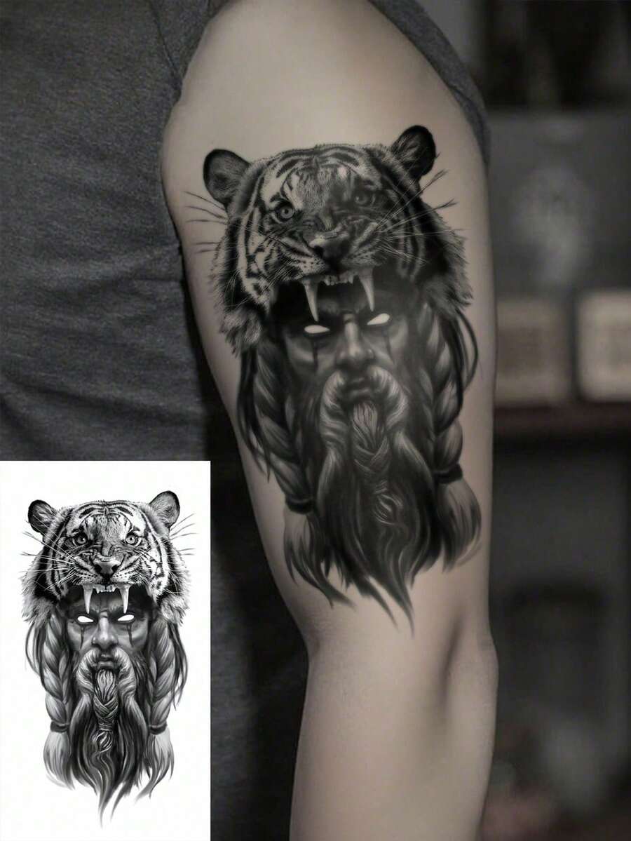 1 张人体彩绘临时纹身贴纸，男女通用，描老虎猎人图案，防水假纹身，持续 2-5 天，可覆盖整个手臂、手腕、肩膀、腿部、腰部、颈部、手部、胸部、大腿、手指等部位，可遮盖疤痕，适合派对、礼物、度假、身体装饰等场合。 - 黑色的 - 查看 1