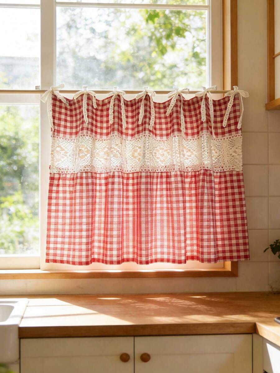 1 Stück süßer koreanischer Stil Zweifarbiger roter Karomuster Vorhang, japanischer kleiner Fenster Kurzer Vorhang, Apartment Küche Vorhang, Café Halbvorhang, einfache Installation & maschinenwaschbar