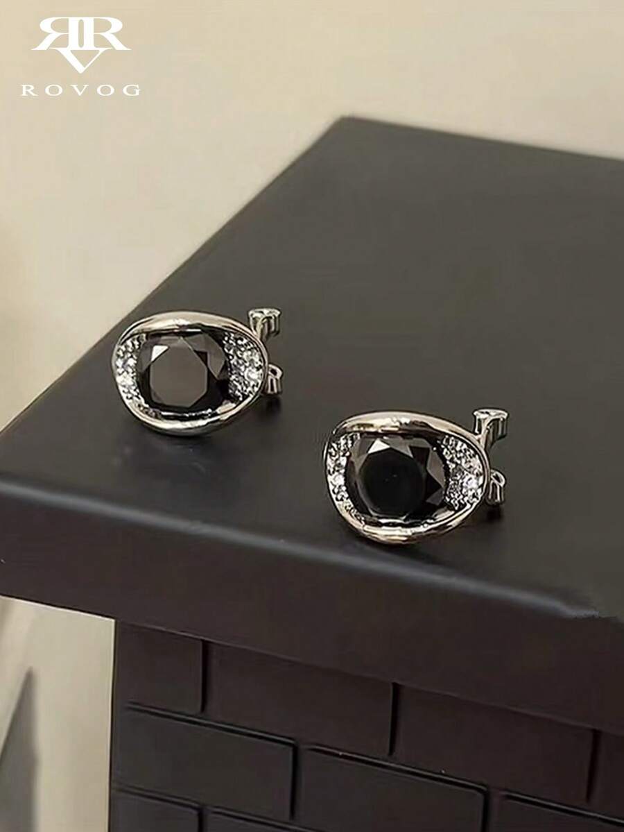 1对奢华时尚黑色几何方形和椭圆形精致简约百搭休闲耳环，女士款 - 銀色 - 查看 1