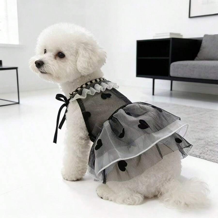 夏季时尚宠物服装，柔软网纱爱心印花泡泡裙公主裙，可爱小熊设计，适合猫咪、博美犬、泰迪犬和其他小型宠物 - 黑色 - 查看 1