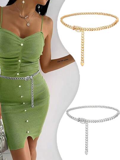 金属腰链，纯色百搭腰带，适合搭配裤子、连衣裙和日常穿着