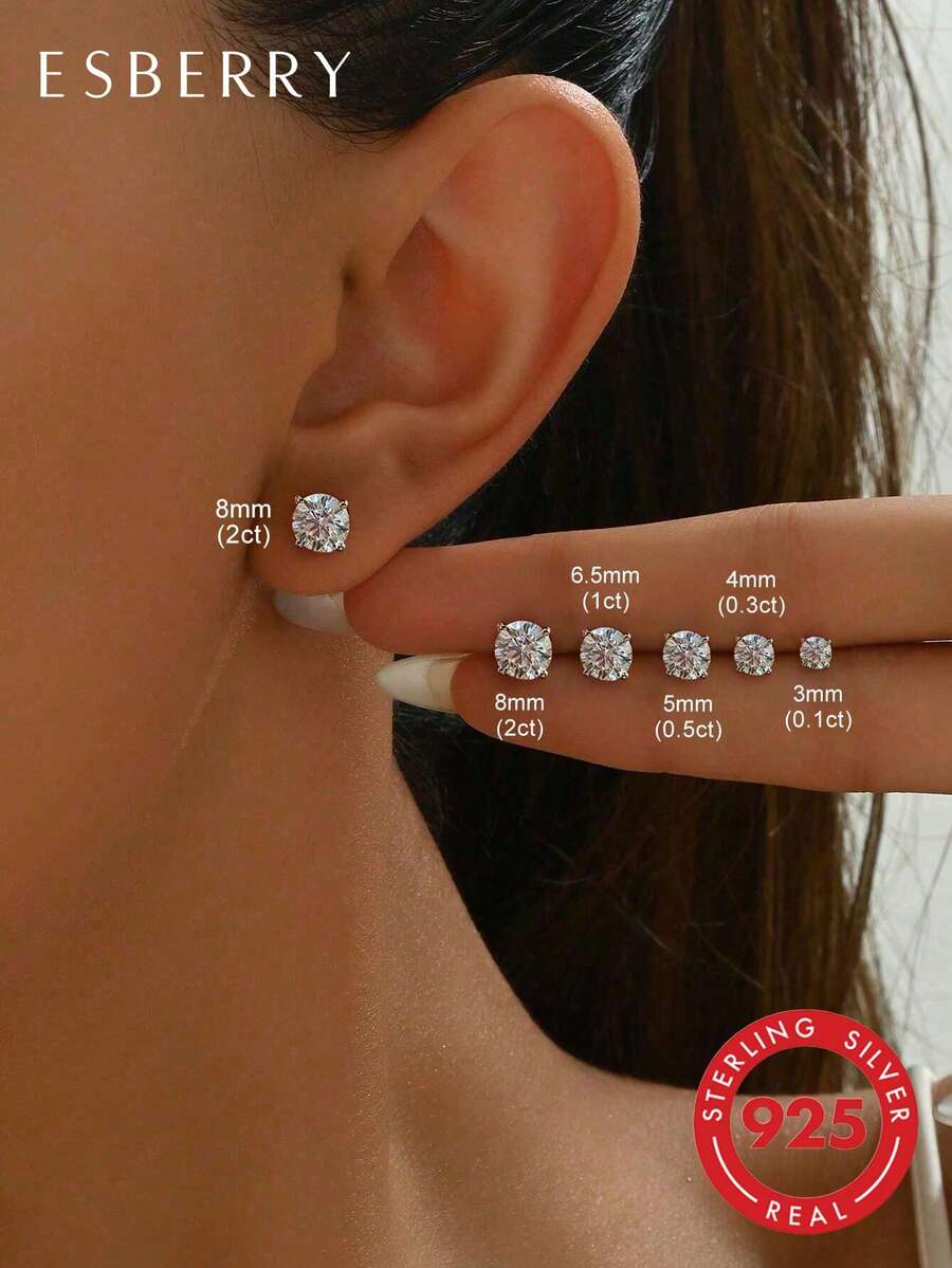 ESBERRY 一对四爪莫桑石耳钉，奢华珠宝，女士礼物，925纯银，精致女士珠宝，送给女友的礼物，钻石婚礼新娘珠宝，钻石珠宝制作