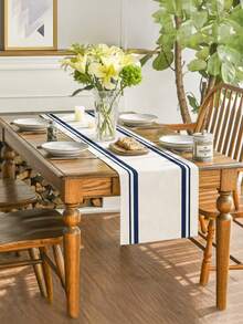 1pc Bohemian Style Minimalist Striped Pattern Table Runner, Textured Rectangular Tablecloth Suitable For Dining Table, Coffee Table, Home Decor, Durable Kitchen And Dining Room Decoration, Table Decor - Navy Blue - View 4